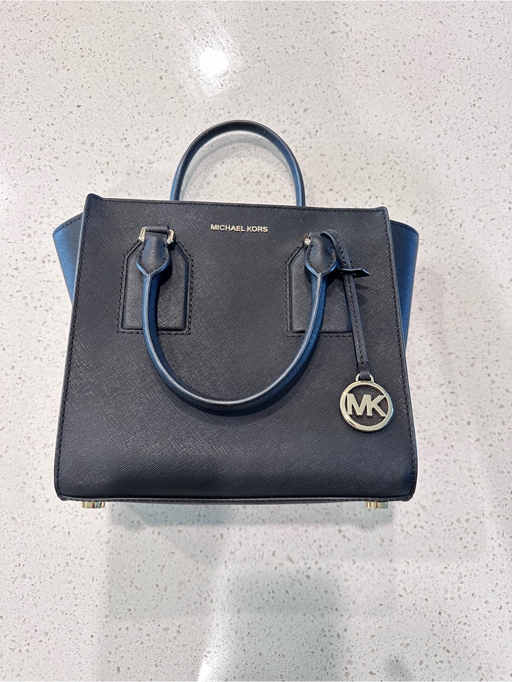 Michael Kors Navy Saffiano Leather Satchel with Gold MK Charm